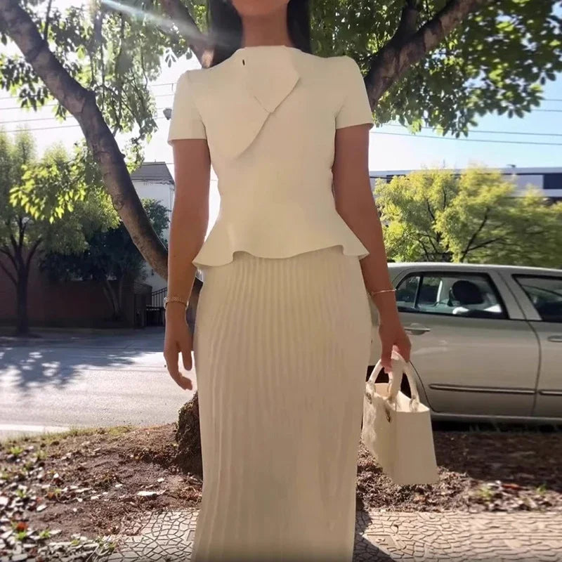 Elegant Pleated Skirt Set Women Irregular Shawl Slim Short Sleeve Ruffles Top Ankle-length Skirts 2025 Summer Solid Lady Outfit