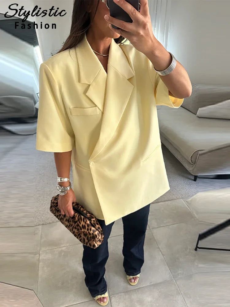 Elegant Blazer Coat Women Solid Short Sleeve Turn-down Collar Pocket Loose Coats 2025 Summer Autumn Chic Commute Outwear Lady