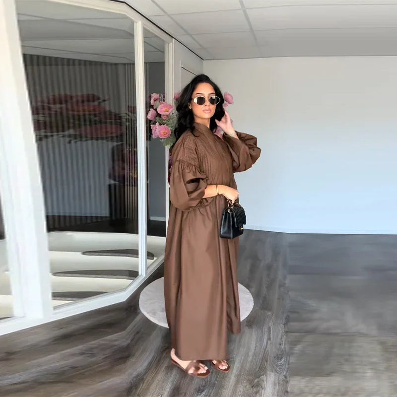 Casual Pleated Loose Dresses Women Solid Single Breasted O-neck Lantern Sleeve A Line High Waist Dress 2025 Chic Robes Lady