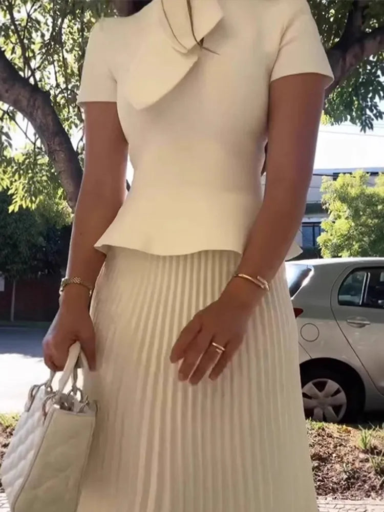 Elegant Pleated Skirt Set Women Irregular Shawl Slim Short Sleeve Ruffles Top Ankle-length Skirts 2025 Summer Solid Lady Outfit