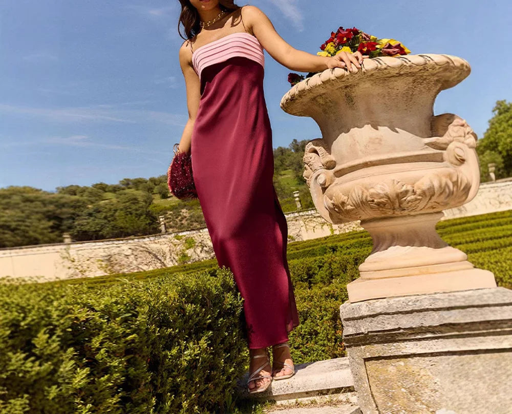 2025 New Women Clothing Halter Color Patchwork Strapless Dress High Waisted Drape Slimming Layered Strap Long Dress