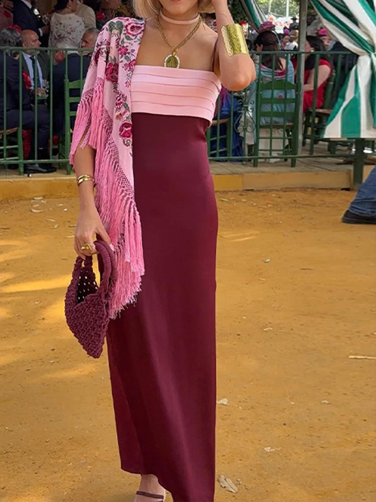 2025 New Women Clothing Halter Color Patchwork Strapless Dress High Waisted Drape Slimming Layered Strap Long Dress