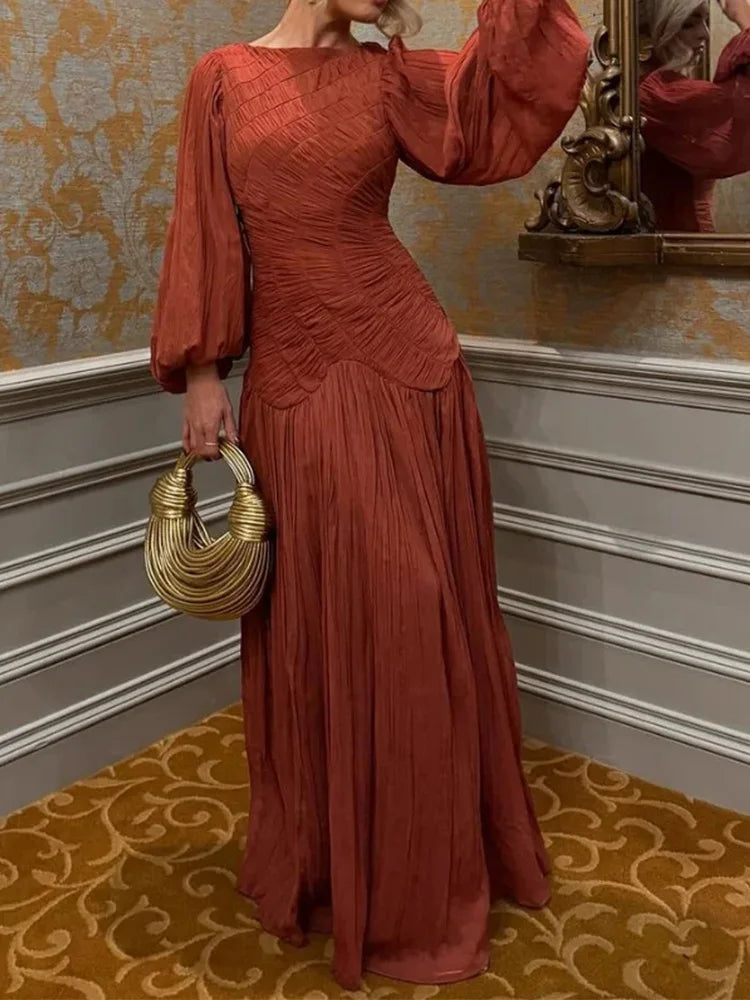 2025 Summer Commute Chic Vestidos Elegant Pleated Long Lantern Sleeve Long Dress Women O Neck Folds Loose Beach Dress