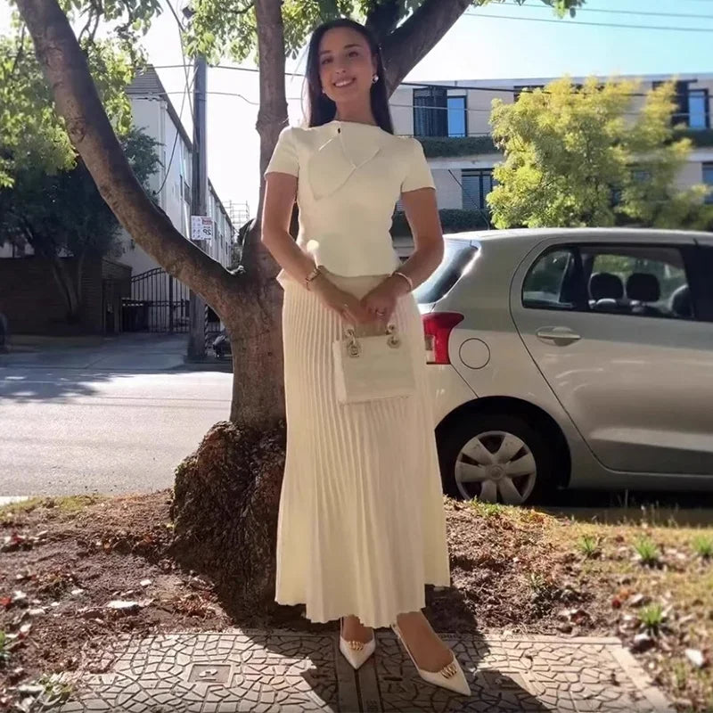 Elegant Pleated Skirt Set Women Irregular Shawl Slim Short Sleeve Ruffles Top Ankle-length Skirts 2025 Summer Solid Lady Outfit