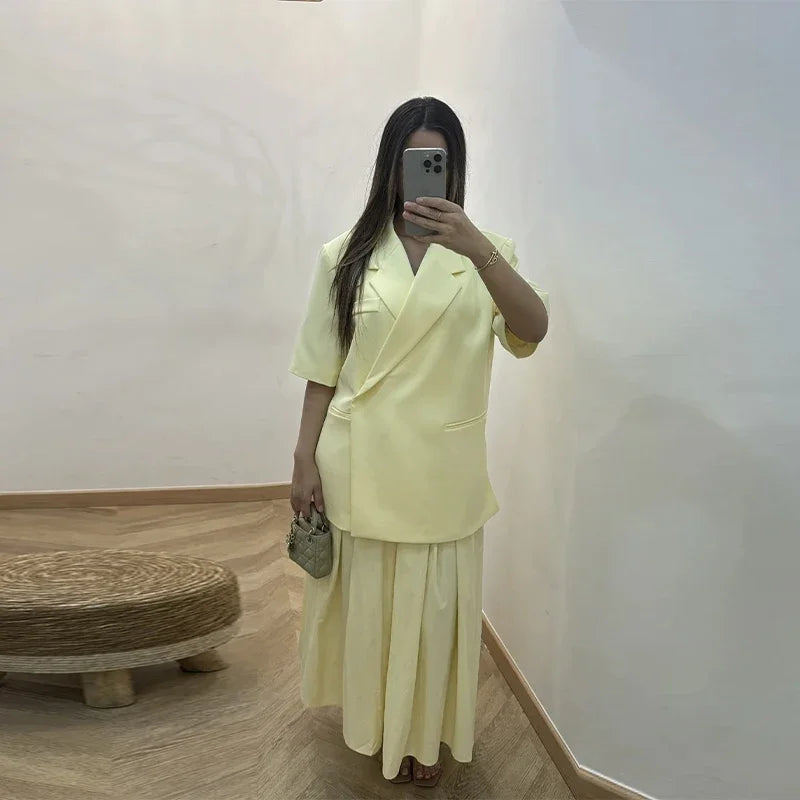 Elegant Blazer Coat Women Solid Short Sleeve Turn-down Collar Pocket Loose Coats 2025 Summer Autumn Chic Commute Outwear Lady