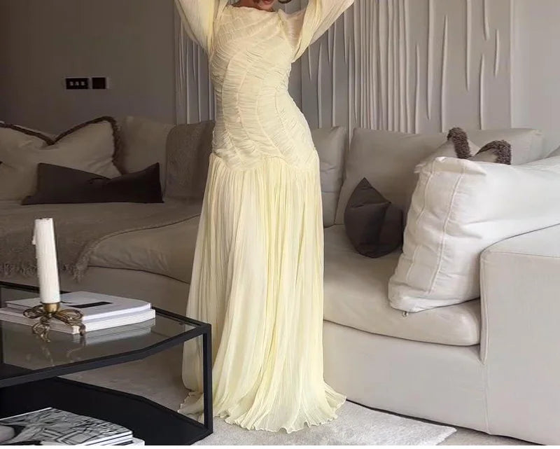 2025 Summer Commute Chic Vestidos Elegant Pleated Long Lantern Sleeve Long Dress Women O Neck Folds Loose Beach Dress