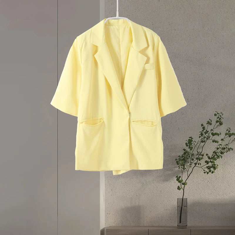 Elegant Blazer Coat Women Solid Short Sleeve Turn-down Collar Pocket Loose Coats 2025 Summer Autumn Chic Commute Outwear Lady