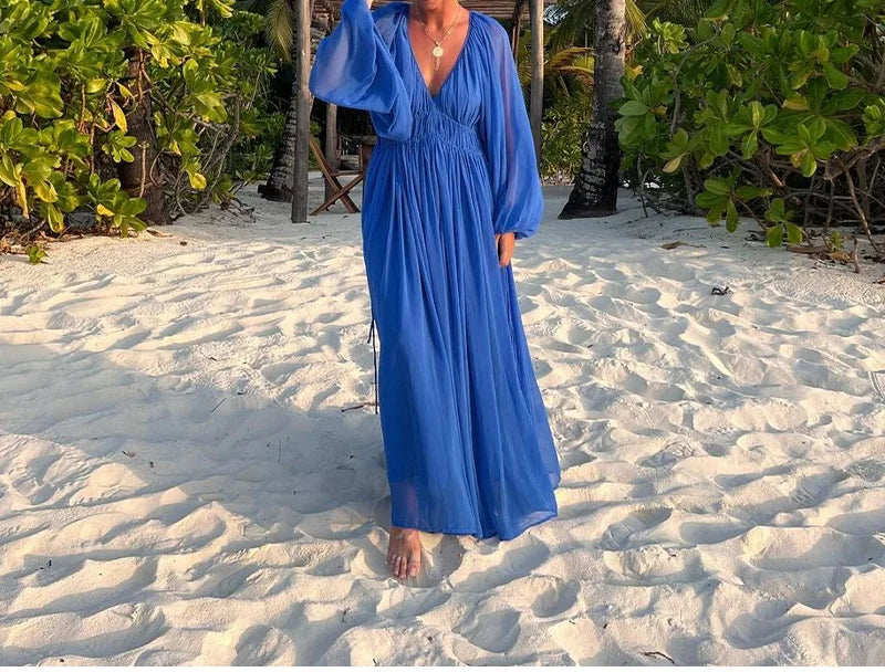 2025 Summer Commute Chic Vestidos Elegant Pleated Long Lantern Sleeve Long Dress Women O Neck Folds Loose Beach Dress