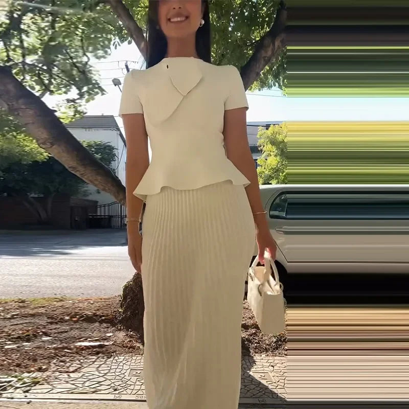 Elegant Pleated Skirt Set Women Irregular Shawl Slim Short Sleeve Ruffles Top Ankle-length Skirts 2025 Summer Solid Lady Outfit