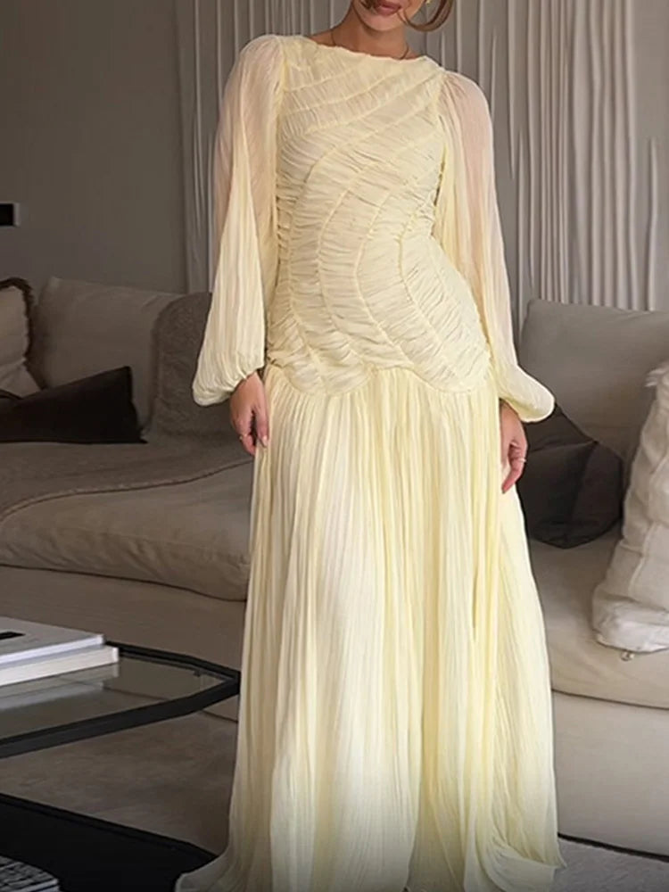 2025 Summer Commute Chic Vestidos Elegant Pleated Long Lantern Sleeve Long Dress Women O Neck Folds Loose Beach Dress