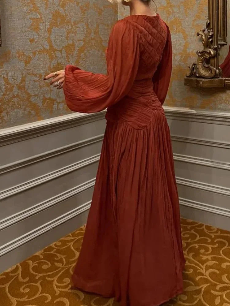 2025 Summer Commute Chic Vestidos Elegant Pleated Long Lantern Sleeve Long Dress Women O Neck Folds Loose Beach Dress