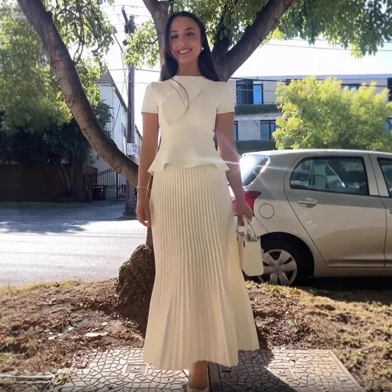 Elegant Pleated Skirt Set Women Irregular Shawl Slim Short Sleeve Ruffles Top Ankle-length Skirts 2025 Summer Solid Lady Outfit