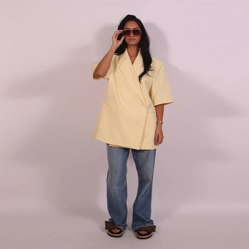 Elegant Blazer Coat Women Solid Short Sleeve Turn-down Collar Pocket Loose Coats 2025 Summer Autumn Chic Commute Outwear Lady
