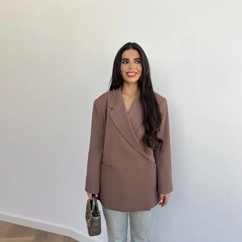 Elegant Blazer Coat Women Solid Short Sleeve Turn-down Collar Pocket Loose Coats 2025 Summer Autumn Chic Commute Outwear Lady