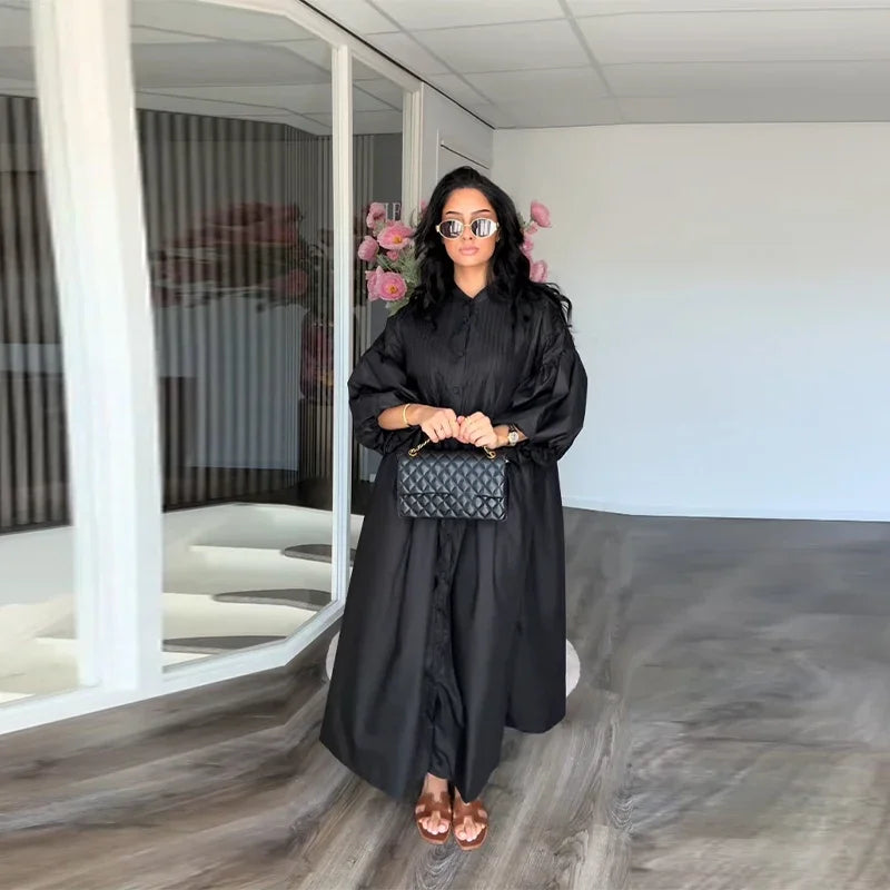 Casual Pleated Loose Dresses Women Solid Single Breasted O-neck Lantern Sleeve A Line High Waist Dress 2025 Chic Robes Lady