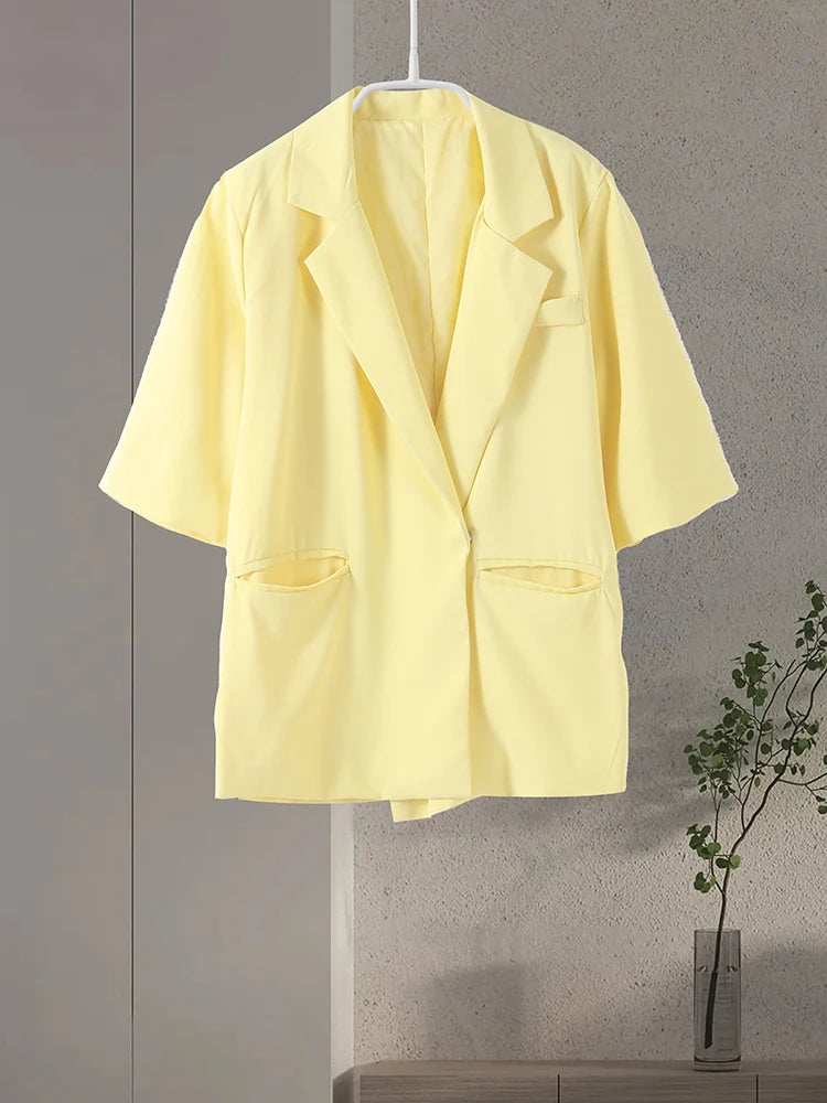 Elegant Blazer Coat Women Solid Short Sleeve Turn-down Collar Pocket Loose Coats 2025 Summer Autumn Chic Commute Outwear Lady
