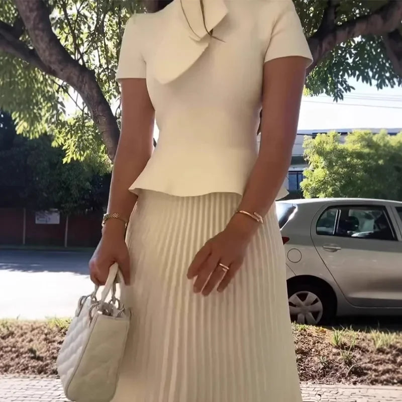 Elegant Pleated Skirt Set Women Irregular Shawl Slim Short Sleeve Ruffles Top Ankle-length Skirts 2025 Summer Solid Lady Outfit