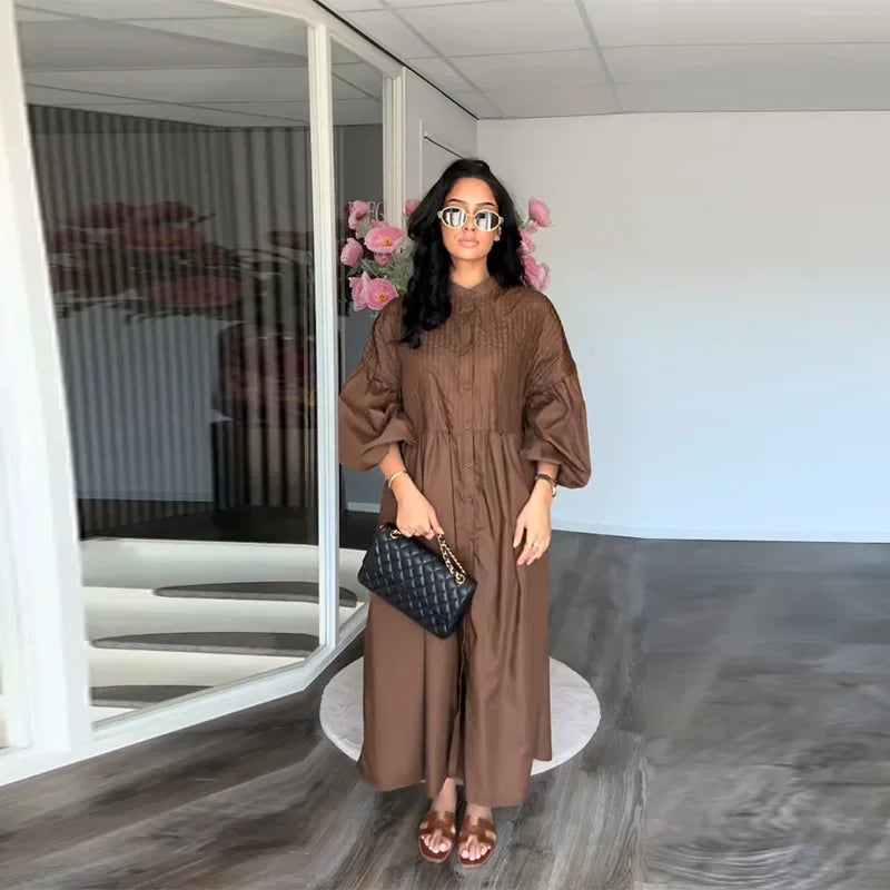 Casual Pleated Loose Dresses Women Solid Single Breasted O-neck Lantern Sleeve A Line High Waist Dress 2025 Chic Robes Lady