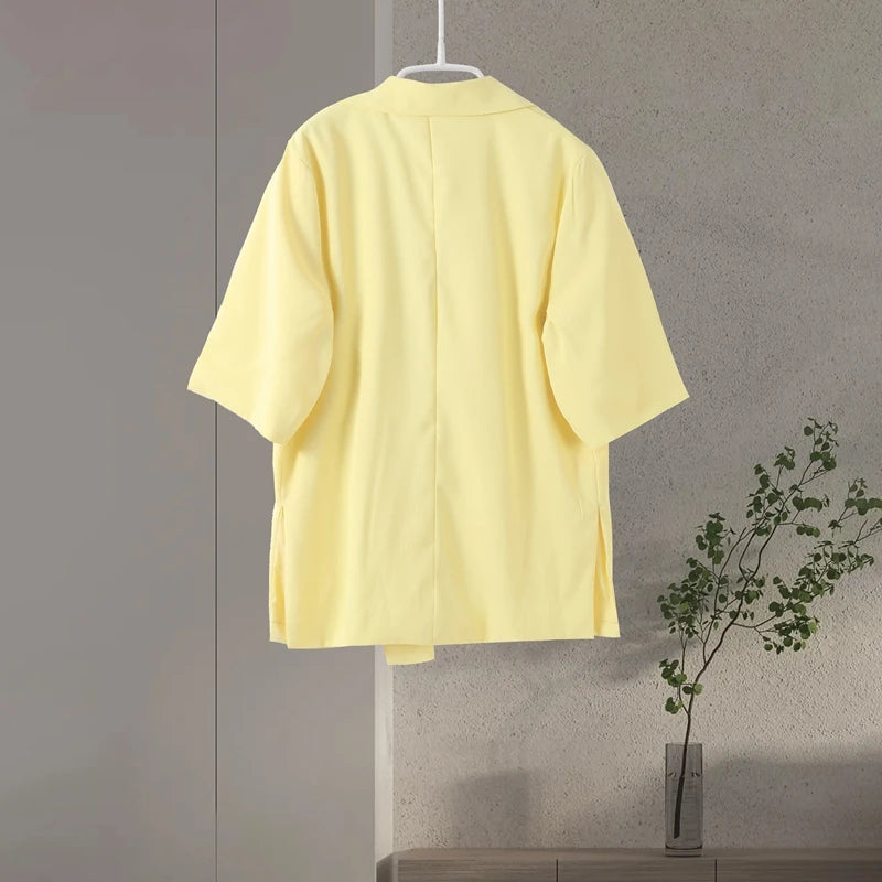 Elegant Blazer Coat Women Solid Short Sleeve Turn-down Collar Pocket Loose Coats 2025 Summer Autumn Chic Commute Outwear Lady