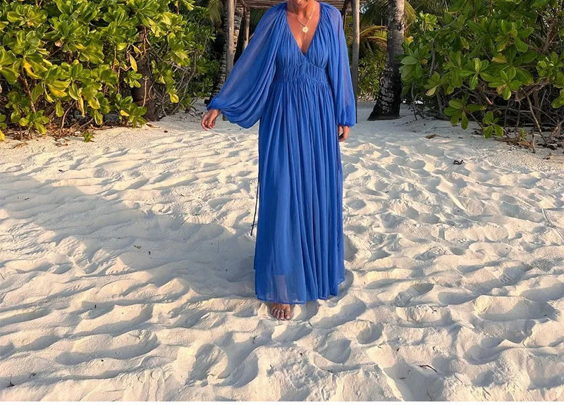 2025 Summer Commute Chic Vestidos Elegant Pleated Long Lantern Sleeve Long Dress Women O Neck Folds Loose Beach Dress