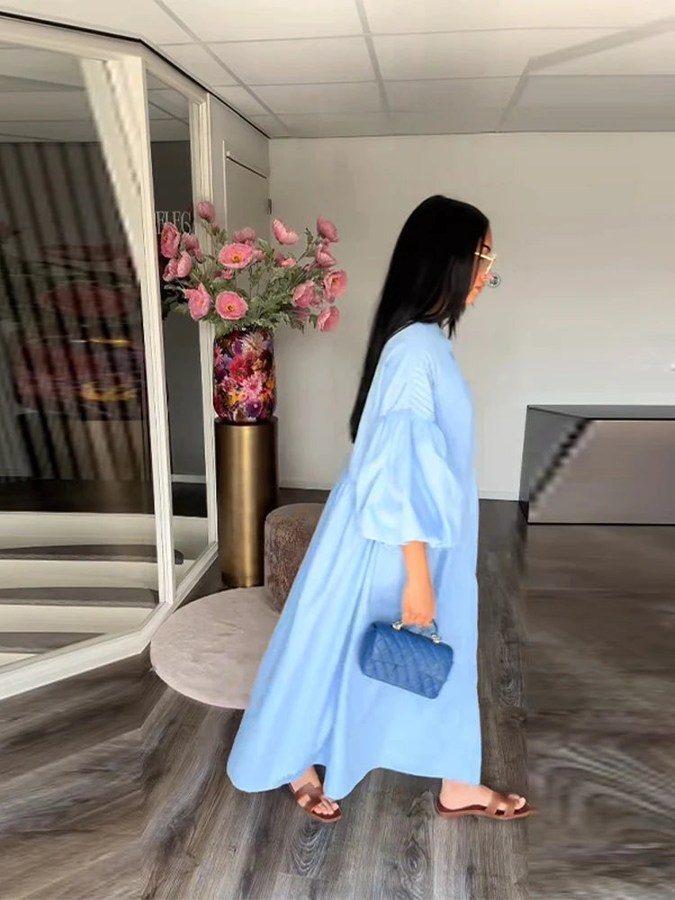 Casual Pleated Loose Dresses Women Solid Single Breasted O-neck Lantern Sleeve A Line High Waist Dress 2025 Chic Robes Lady