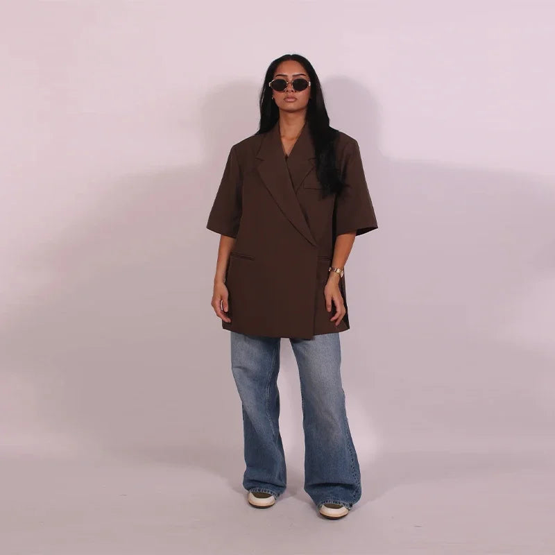 Elegant Blazer Coat Women Solid Short Sleeve Turn-down Collar Pocket Loose Coats 2025 Summer Autumn Chic Commute Outwear Lady