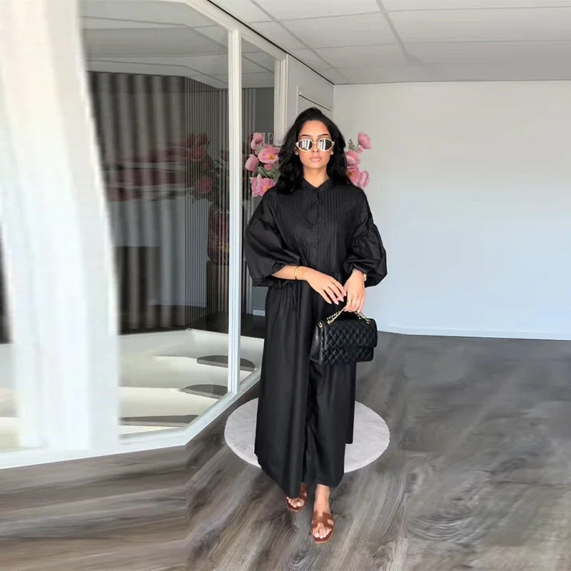 Casual Pleated Loose Dresses Women Solid Single Breasted O-neck Lantern Sleeve A Line High Waist Dress 2025 Chic Robes Lady