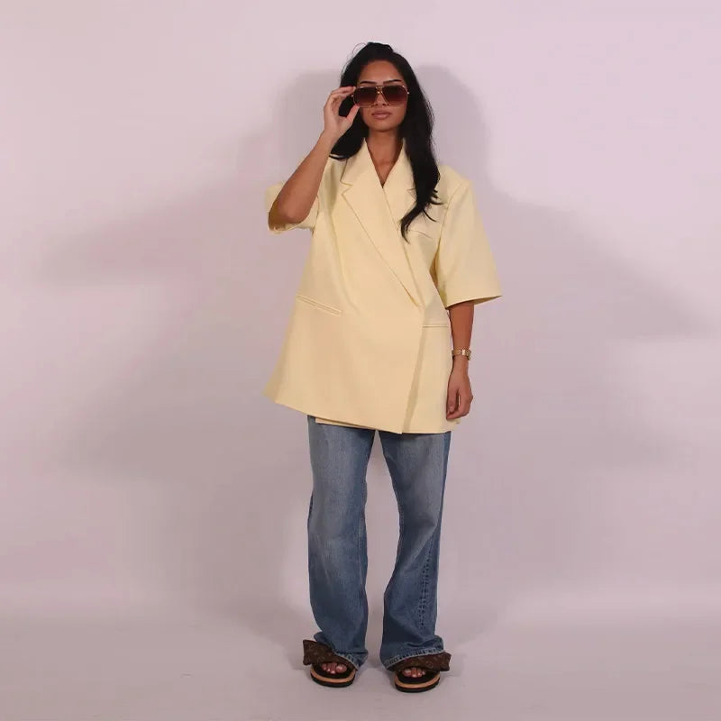 Elegant Blazer Coat Women Solid Short Sleeve Turn-down Collar Pocket Loose Coats 2025 Summer Autumn Chic Commute Outwear Lady