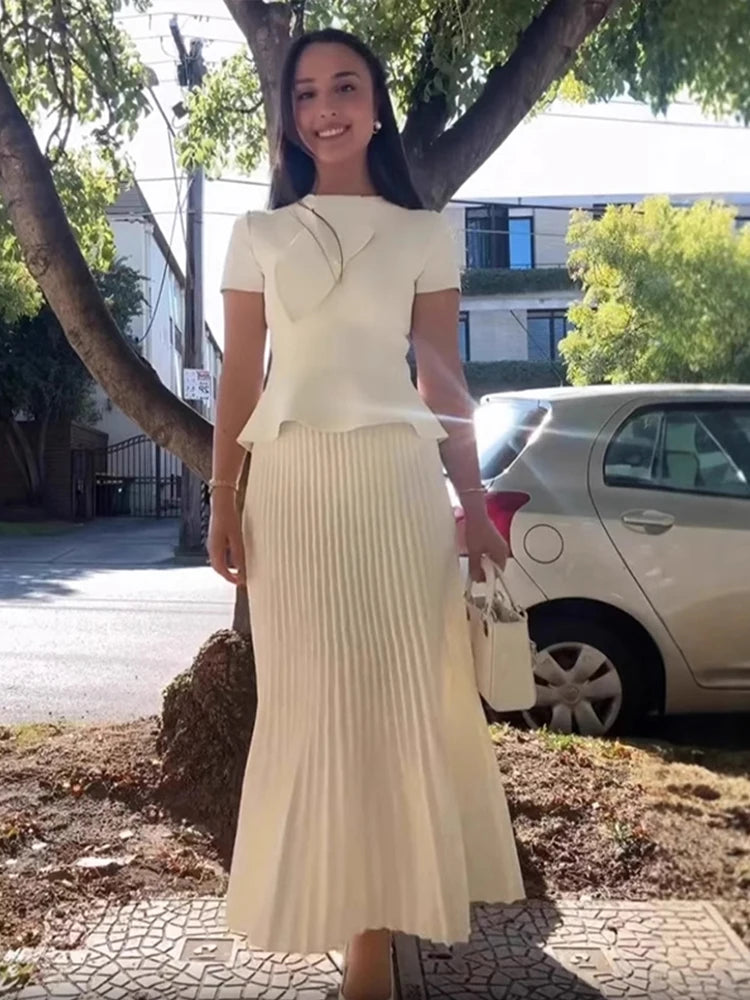 Elegant Pleated Skirt Set Women Irregular Shawl Slim Short Sleeve Ruffles Top Ankle-length Skirts 2025 Summer Solid Lady Outfit