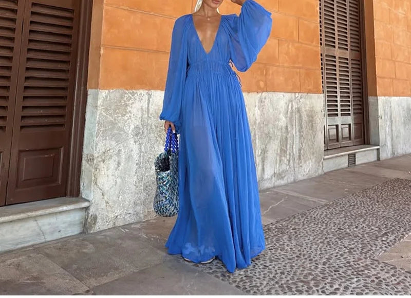 2025 Summer Commute Chic Vestidos Elegant Pleated Long Lantern Sleeve Long Dress Women O Neck Folds Loose Beach Dress