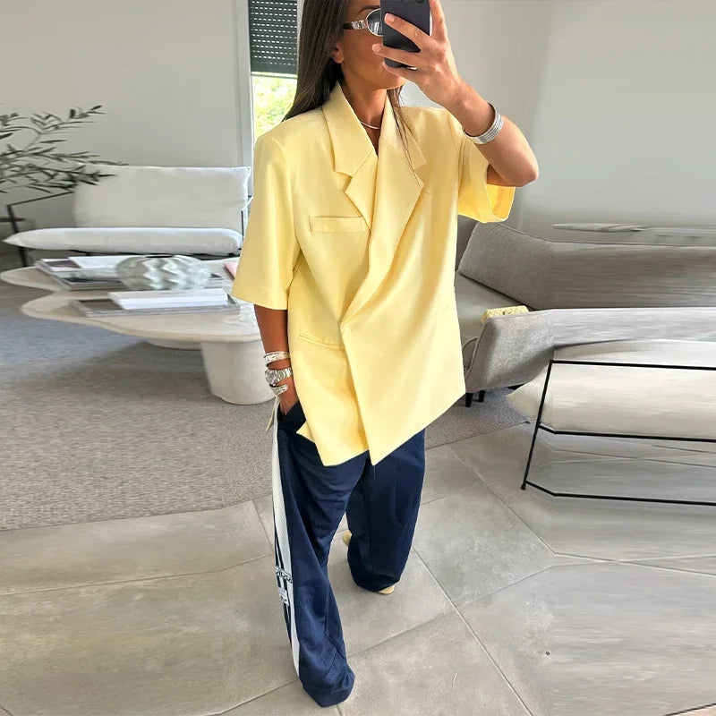 Elegant Blazer Coat Women Solid Short Sleeve Turn-down Collar Pocket Loose Coats 2025 Summer Autumn Chic Commute Outwear Lady