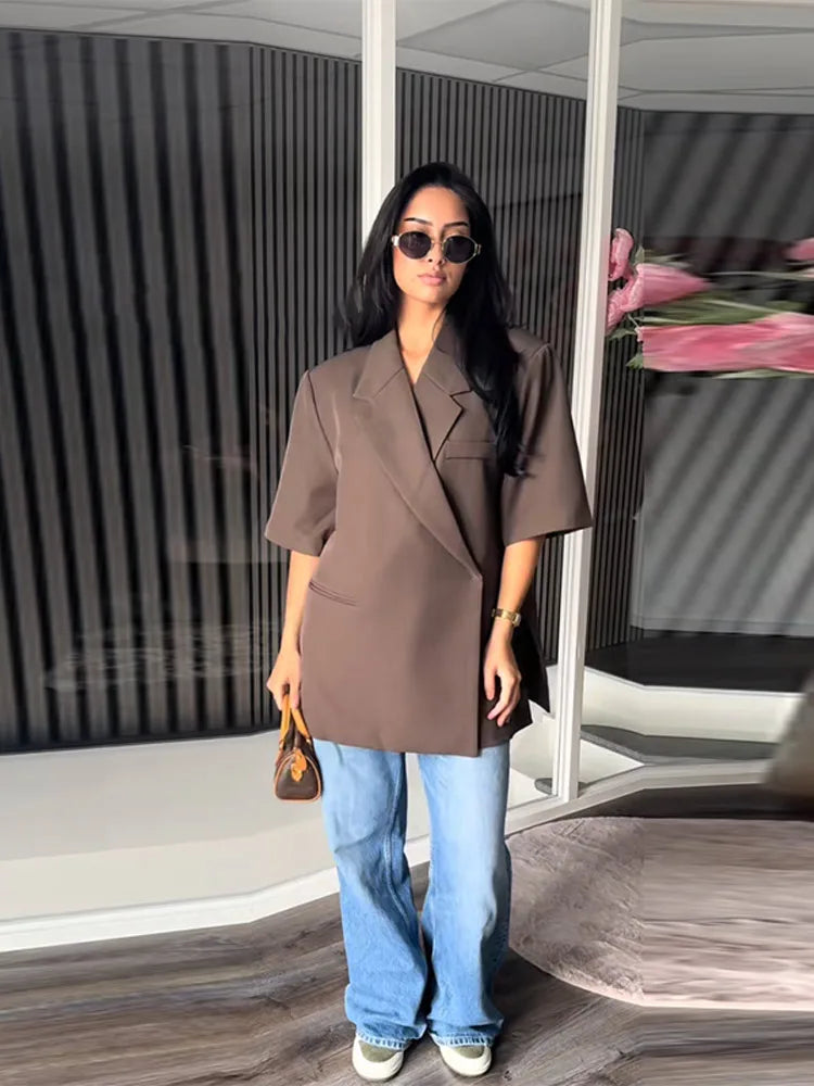 Elegant Blazer Coat Women Solid Short Sleeve Turn-down Collar Pocket Loose Coats 2025 Summer Autumn Chic Commute Outwear Lady
