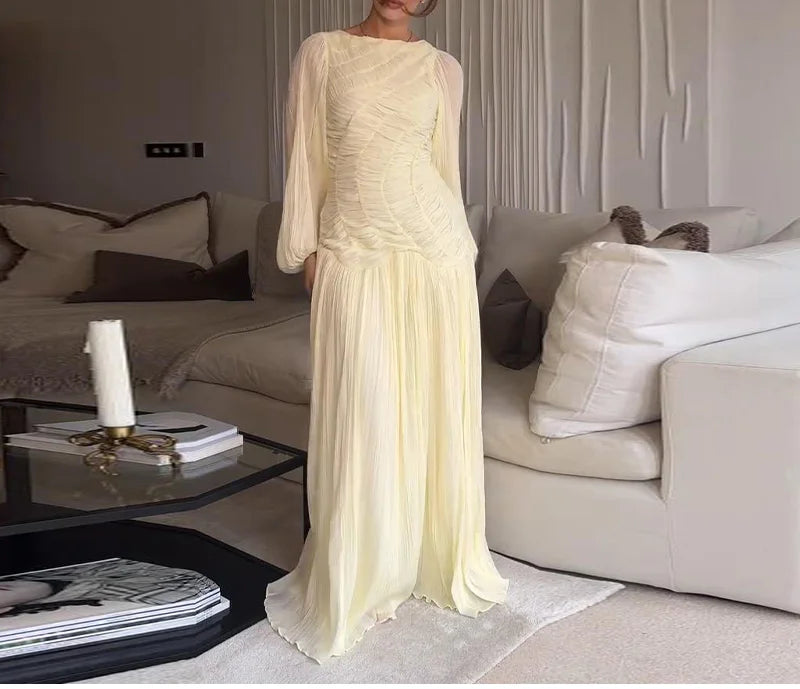 2025 Summer Commute Chic Vestidos Elegant Pleated Long Lantern Sleeve Long Dress Women O Neck Folds Loose Beach Dress
