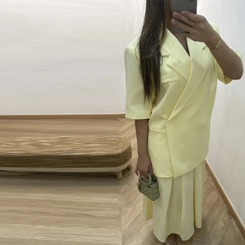 Elegant Blazer Coat Women Solid Short Sleeve Turn-down Collar Pocket Loose Coats 2025 Summer Autumn Chic Commute Outwear Lady