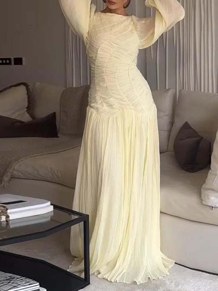2025 Summer Commute Chic Vestidos Elegant Pleated Long Lantern Sleeve Long Dress Women O Neck Folds Loose Beach Dress