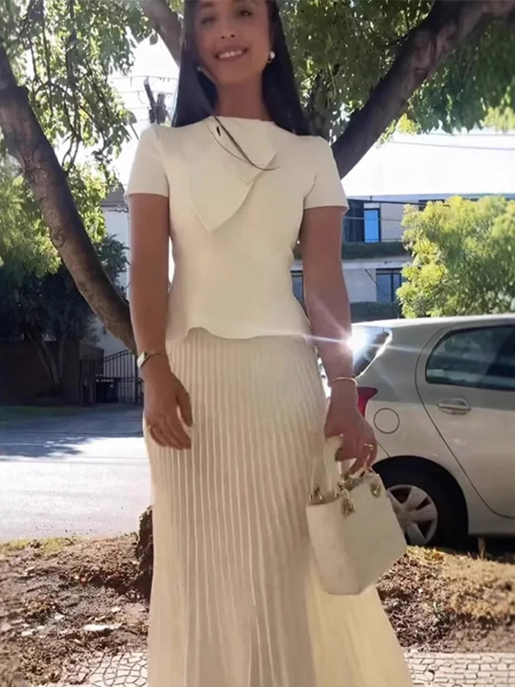 Elegant Pleated Skirt Set Women Irregular Shawl Slim Short Sleeve Ruffles Top Ankle-length Skirts 2025 Summer Solid Lady Outfit