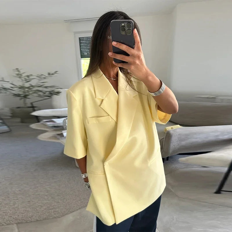 Elegant Blazer Coat Women Solid Short Sleeve Turn-down Collar Pocket Loose Coats 2025 Summer Autumn Chic Commute Outwear Lady