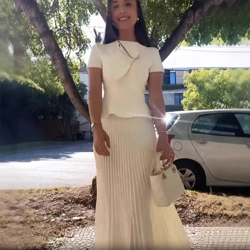 Elegant Pleated Skirt Set Women Irregular Shawl Slim Short Sleeve Ruffles Top Ankle-length Skirts 2025 Summer Solid Lady Outfit