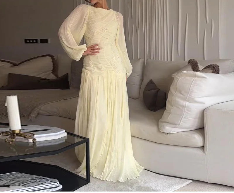 2025 Summer Commute Chic Vestidos Elegant Pleated Long Lantern Sleeve Long Dress Women O Neck Folds Loose Beach Dress