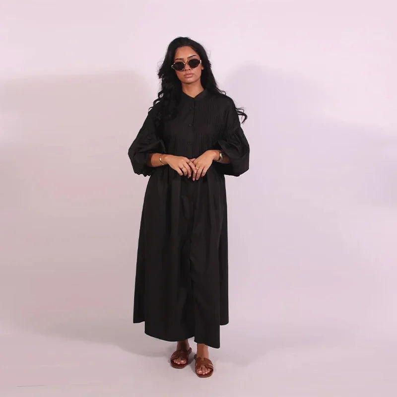 Casual Pleated Loose Dresses Women Solid Single Breasted O-neck Lantern Sleeve A Line High Waist Dress 2025 Chic Robes Lady