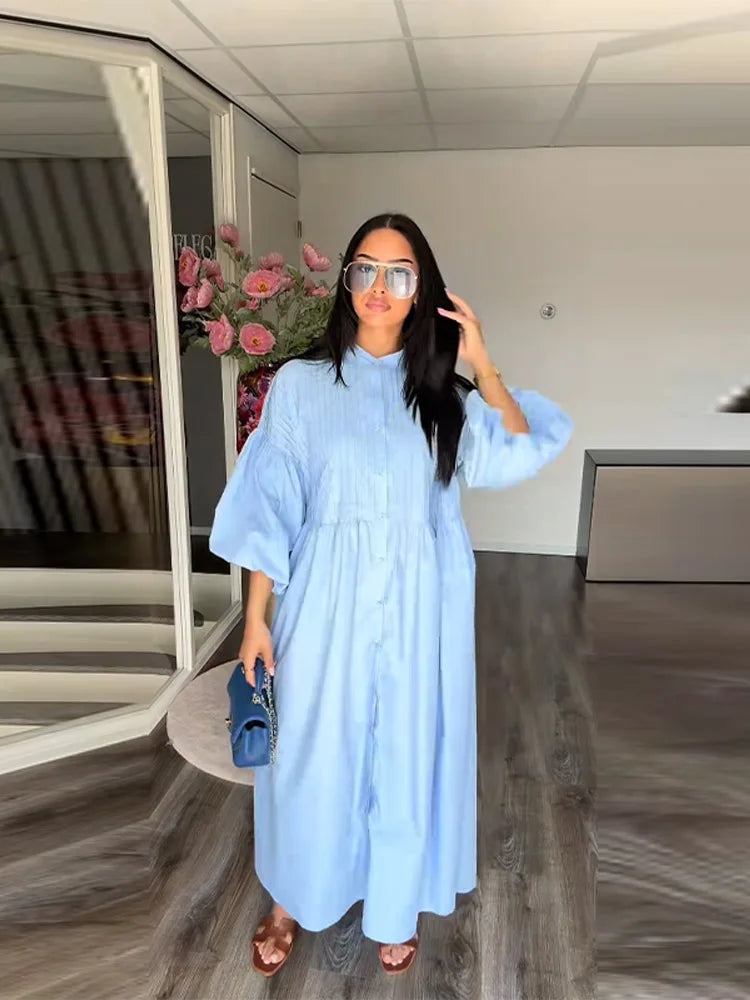 Casual Pleated Loose Dresses Women Solid Single Breasted O-neck Lantern Sleeve A Line High Waist Dress 2025 Chic Robes Lady