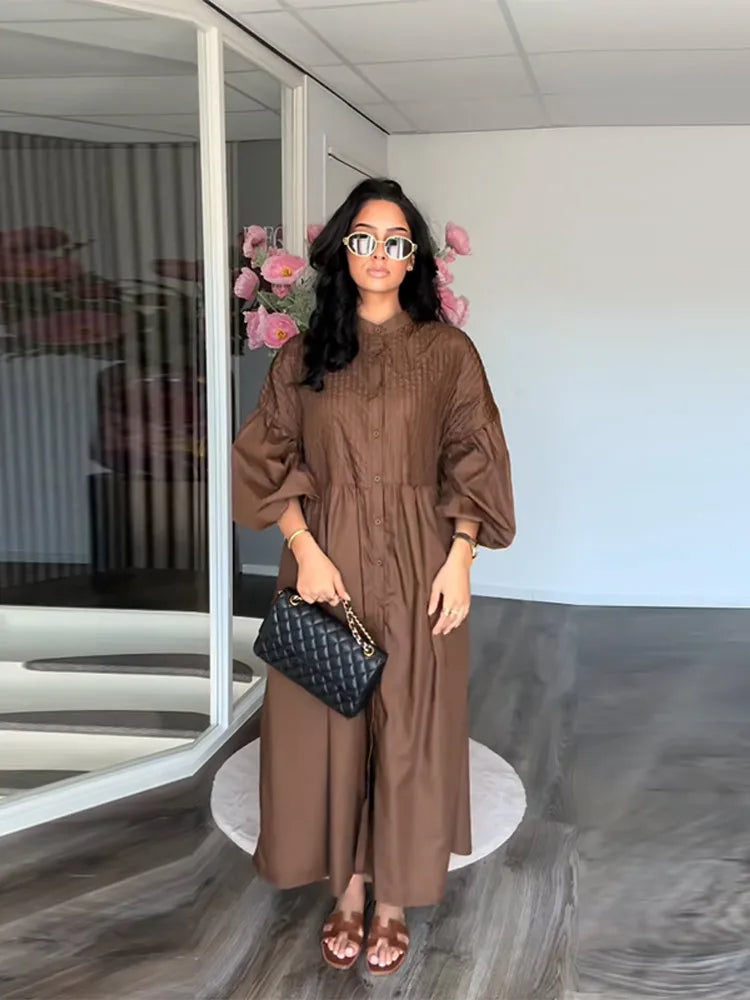 Casual Pleated Loose Dresses Women Solid Single Breasted O-neck Lantern Sleeve A Line High Waist Dress 2025 Chic Robes Lady