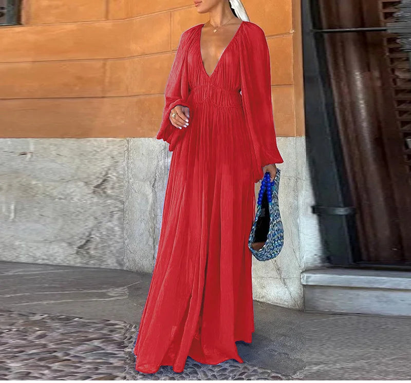 2025 Summer Commute Chic Vestidos Elegant Pleated Long Lantern Sleeve Long Dress Women O Neck Folds Loose Beach Dress