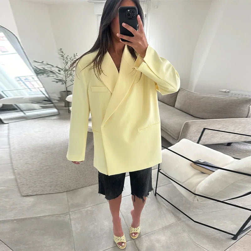 Elegant Blazer Coat Women Solid Short Sleeve Turn-down Collar Pocket Loose Coats 2025 Summer Autumn Chic Commute Outwear Lady