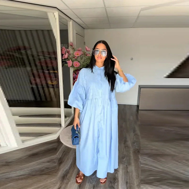 Casual Pleated Loose Dresses Women Solid Single Breasted O-neck Lantern Sleeve A Line High Waist Dress 2025 Chic Robes Lady