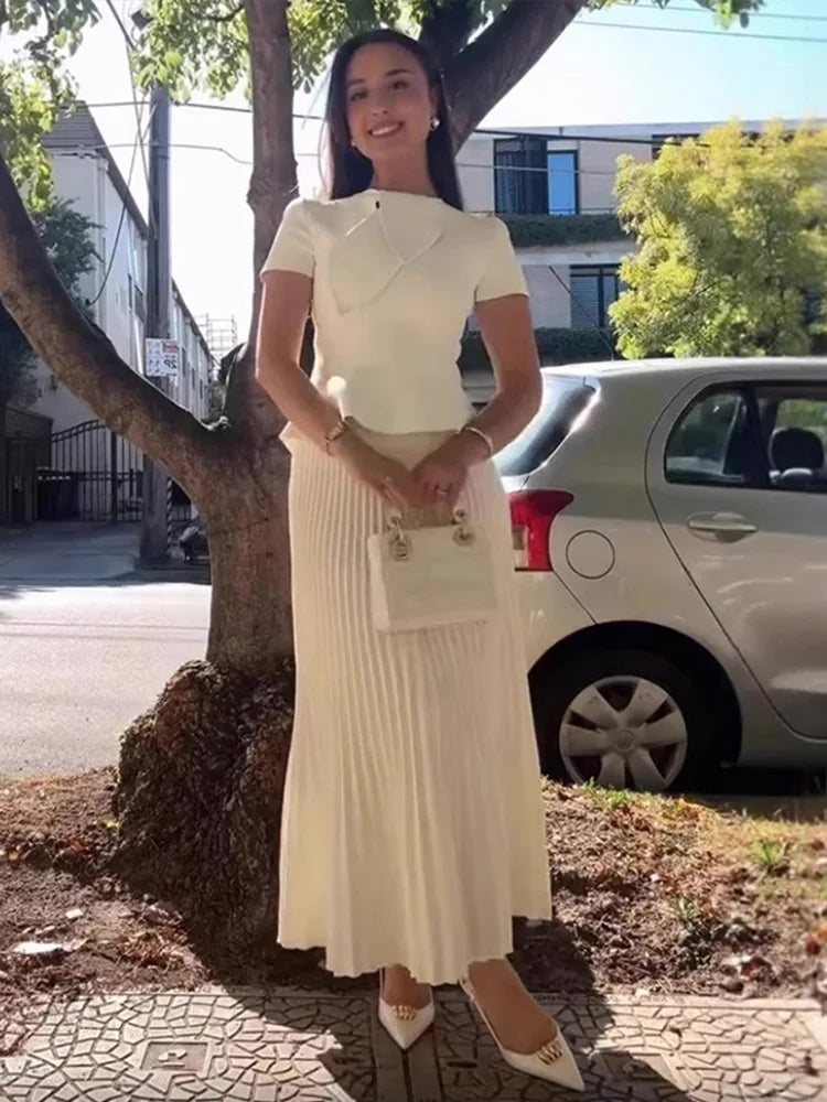 Elegant Pleated Skirt Set Women Irregular Shawl Slim Short Sleeve Ruffles Top Ankle-length Skirts 2025 Summer Solid Lady Outfit