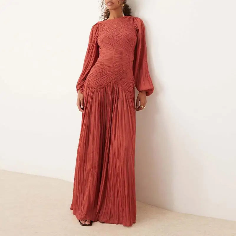 2025 Summer Commute Chic Vestidos Elegant Pleated Long Lantern Sleeve Long Dress Women O Neck Folds Loose Beach Dress