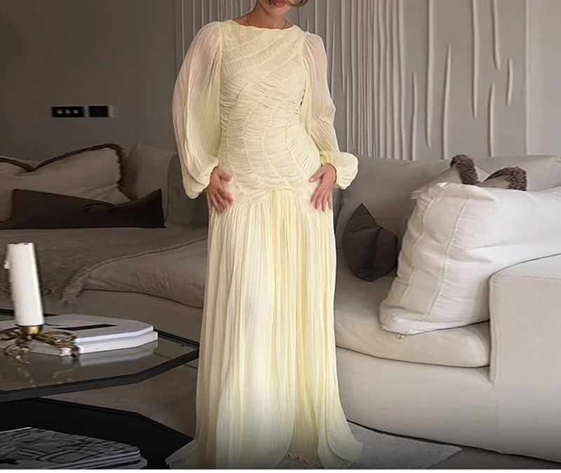2025 Summer Commute Chic Vestidos Elegant Pleated Long Lantern Sleeve Long Dress Women O Neck Folds Loose Beach Dress