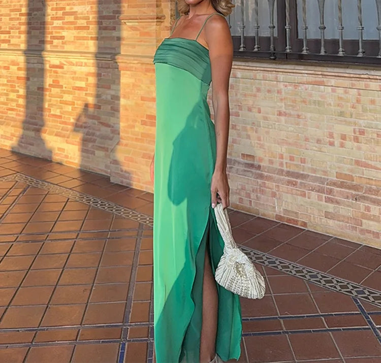 2025 New Women Clothing Halter Color Patchwork Strapless Dress High Waisted Drape Slimming Layered Strap Long Dress