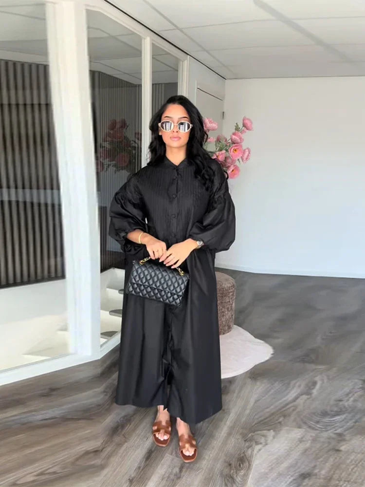 Casual Pleated Loose Dresses Women Solid Single Breasted O-neck Lantern Sleeve A Line High Waist Dress 2025 Chic Robes Lady